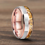 Dome Double Groove Inlaid Golden Crystal Stone Mother Of Pearl Shell 6/8mm Tungsten Ring
