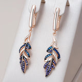 14 Karat Rolled Gold Purple With Blue AAA Zircon Crystals Leaf Drop Earrings