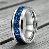 Blue Glass Stone Inlay Beveled Edge Polished 6/8mm Tungsten Carbide Rings