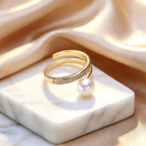 Elegant Bypass-Style Silhouette Real Pearl AAA Zircon Diamonds Gold Colour Ring