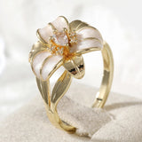 Elegant Delicate Hadmade Enamel Lily Artistic Golden Colour Charm Vintage Ring