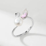 Superb Swan Design Natural Pearl AAA Zircon Diamonds Silver Ring