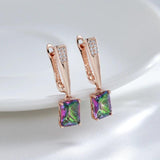 Amazing 14K Rolled Rose Gold Square Colorful AAA Zircon Crystals Long Drop Earrings - Luxury Fashion Jewellery