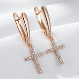 Adorable 14K Rolled Gold AAA Zircon Diamonds Faith Cross Drop Earrings Fine Jewellery