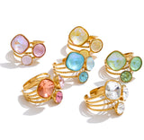 18K Gold Plated New Multi-Color Crystal Square Round Adjustable Ring Popular Jewellery