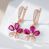 14K Rolled Gold Red AAA Zircon Crystals Flower Design Fashion Drop Earrings for Women
