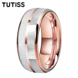 Dome Double Groove Inlaid With White Opal Stone Mother Of Pearl Shell Tungsten Rings