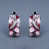 Pink Peach Elegant Flower Handmade Enamel AAA Zircon Diamonds Earrings