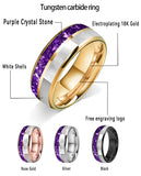 Purple Crystal Stone and White Seashell Inlay 6/8mm Gold Tungsten Carbide Rings