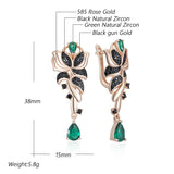 Gorgeous 14K Rolled Gold Green With Black AAA Zircon Crystals Flower Drop Earrings