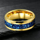Blue Glass Stone Inlay Beveled Edge Polished 6/8mm Tungsten Carbide Rings