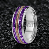 Purple Crystal Stone and Guitar String Inlay 8mm Tungsten Carbide Rings Men Women