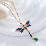14k Rolled Gold Blue AAA Zircon Crystals Dragonfly Vintage Pendant Necklace For Women