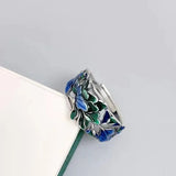 925 Silver Hadmade Cloisonne Blue Green Enamel Peony Flower Vintage Rings