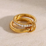 18K Gold Plated Minimalism Glossy Shine Stainless Steel White Cubic Zirconia Inlaid Double Layer Ring