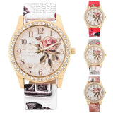 New Arrival Fashion Ladies Watches - Printed Flower Design Luxury Casual Quartz Leather Dress Wristwatches - The Jewellery Supermarket