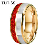 Dome Double Groove Inlaid With Red opal And Mother Of Pearl Shell 6/8mm Tungsten Rings