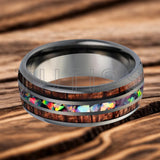 Inlaid Hawaiian Koa Wood Crushed Fire Opal 6/8mm Black Tungsten Carbide Rings