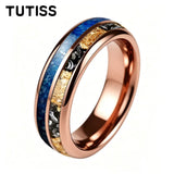 Polishing Dome Blue Glass Stone Meteorite Gold Foil Inlay 6mm 8mm Tungsten Rings