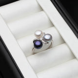 Genuine Pink Black White Purple Grey Real Silver AAA Zircon Diamonds Pearl Rings