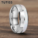 Dome Double Groove Inlaid With White Opal Stone Mother Of Pearl Shell Tungsten Rings