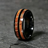 Double Groove Inlay Whiskey Wood, Domed High Polished Tungsten Carbide Rings