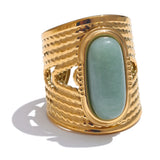 18K Gold Plated Green Natural Stone Fashion Adjustable Stainless Steel Geometric Open Ring