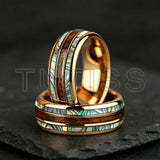 Whiskey Barrel Abalone Shell Inlaid With Rose Gold Polished Edge Tungsten Wedding