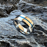 Blue Center Line Beveled Edges 8mm Tungsten Wedding Rings for Men Women