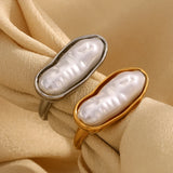 18K Gold Plated Stainless Steel Baroque Long Strip Faux Pearl Ring