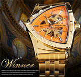 New Men's Triangle Mechanical Skeleton Watches - Golden Stainless Steel Waterproof Sport Wristwatches