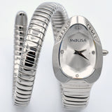 Luxury Silver Stainless Steel Coil Bracelet Quartz White Dial Crystal Snake Watch