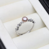 Genuine Real Pink Grey White Pearls AAA Zircon Diamonds Cute Silver Rings
