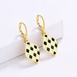 Handmade Enamel Exquisite Diamond Black and White Plaid 925 Silver Earrings