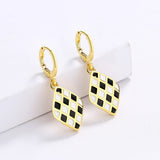 Handmade Enamel Exquisite Diamond Black and White Plaid 925 Silver Earrings