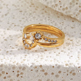 18K Gold Plated Stainless Steel Creative Design Shiny Rhinestone Moon Star Ring