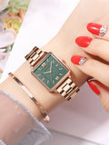 Elegant Green Dial Roman Square Ladies Rose Gold Plated Case Watches Quartz Stainless Steel Fashion Wristwatches