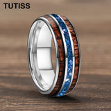 Blue Crystal Stone Inlaid Hawaiian Koa Wood 6/8mm Tungsten Carbide Rings