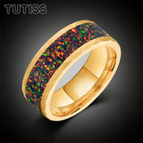 Hammered Tungsten Black Fire Opal Inlay 8mm Tungsten Engagement Ring for Men Women