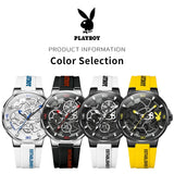 PLAYBOY Luxury Brand Casual Waterproof Quartz Silicone Strap Sports Elegant High-end Wrist Watch for Men