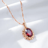 Superb Large Oval Red Filled 14K Rose Gold AAA Zircon Flower Pendant Necklace - Boho Vintage Jewellery