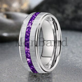 Purple Crystal Stone Inlay Brushed Finish Silver Finish 6/8MM Tungsten Rings