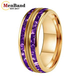 Purple Crystal Stone and Guitar String Inlay 8mm Tungsten Carbide Rings Men Women