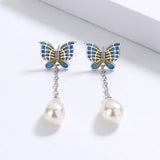 Fashion Long Butterfly Pearl Exquisite Handmade Enamel Earrings for Women