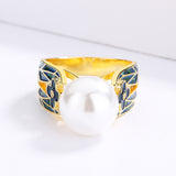 Exquisite Fashion Handmade Enamel Small Flower Inlaid Pearl 18KGP Ring
