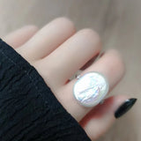 Flat-Sided Irregular Big Button Baroque Pearl Silver Colour Adjustable Rings