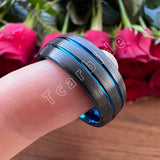 Domed Brushed Finish 8MM Black Blue Tungsten Carbide  Wedding Rings for Men Women