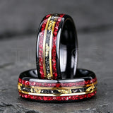Unique Red Garnet & Meteorite Gold Foil Inlaid With Two-tone Tungsten Wedding Rings
