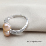 Luxury Real Pink Black White Purple Double Pearl AAA Zircon Diamonds Silver Rings