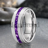 Purple Crystal Stone Inlay Brushed Finish Silver Finish 6/8MM Tungsten Rings